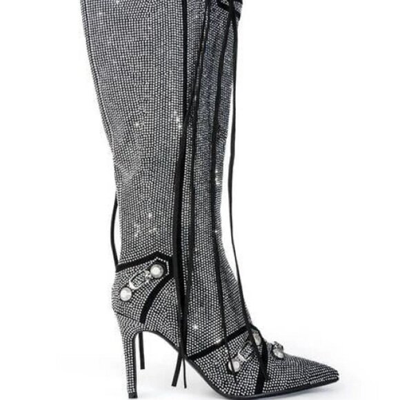 Azalea Wang MAEVE SILVER STILETTO BOOTS Rhinestones Over the knee Glam 10 - Picture 1 of 12